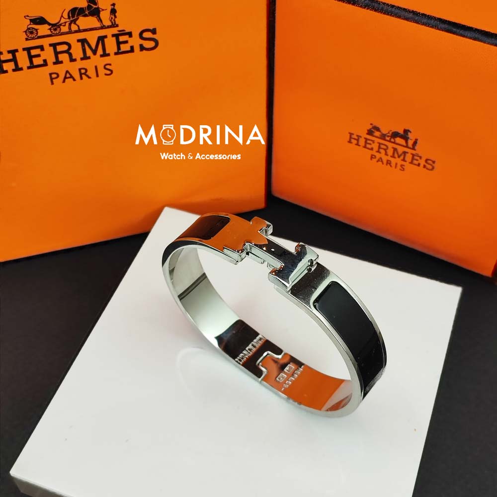 دستبند زنانه هرمس (Hermes) ساده سیلور - مشکی